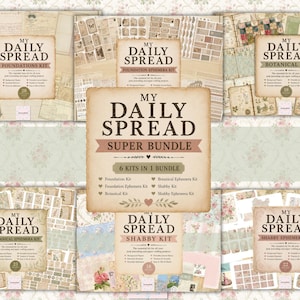 May include: A collection of paper ephemera kits with the text "My Daily Spread" and kit names like "Foundations Kit" and "Botanical Kit". The central image is a "Super Bundle" with six kits in one bundle. The kits have a vintage aesthetic.