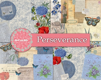 Perseverance Junk Journal Kit - Junk Journaling Digital, Journal Page Kit , Imprimables, Bleu Botanique
