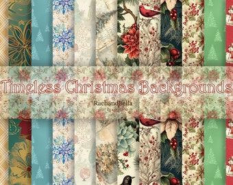 May include: A digital paper pack with 12 different Christmas themed patterns. The patterns feature snowflakes, poinsettias, holly, birds, and snowmen. The text "Timeless Christmas Backgrounds" and "RachandBella" are displayed on the image.