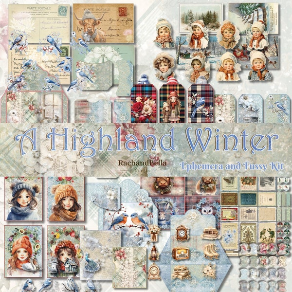 A Highland Winter EPHEMERA and Fussy Cuts Digital Kit in A4 and USL - Perfect for Journals, Scrap booking and Cards PDF