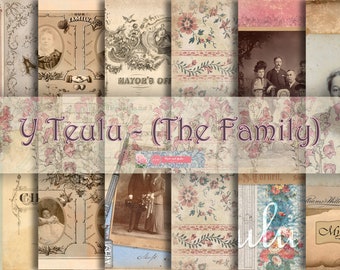 Op de afbeelding: Een collage van vintage-papiertexturen met bloemmotieven, oude foto's en tekst. De tekst bevat "Our Family", "Mayor's Office", "Y Teulu - (The Family)", "CH", "LMSTAD", "rgatan 26", "29.", "REN", "Mast", "Miams Williams" en "Myfanwy".