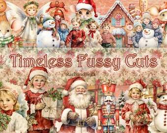 May include: A collection of Christmas-themed digital paper featuring illustrations of children, animals, and holiday decorations. The paper includes a snowman, Santa Claus, a nutcracker, a gingerbread house, and a mouse. The text "Timeless Fussy Cuts" and "RachandBella" are also included.