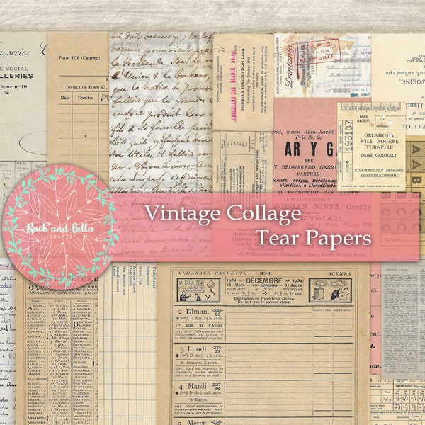 Vintage Collage Tear Papers Junk Journal Kit  - Junk Journaling Digital, Journal Page Kit , Pintables, Collage Pages