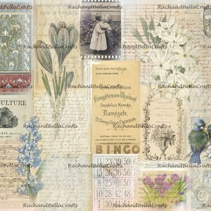 May include: A collage of vintage ephemera featuring floral illustrations, sheet music, and handwritten notes. The design includes images of blue birds, crocus flowers, and a bingo card. The color palette is soft, with beige, blue, and purple tones.