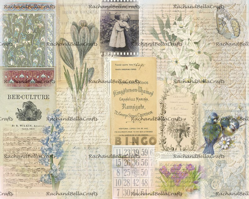 May include: A collage of vintage ephemera featuring floral illustrations, sheet music, and handwritten notes. The design includes images of blue birds, crocus flowers, and a bingo card. The color palette is soft, with beige, blue, and purple tones.