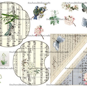 May include: A collage of vintage-style ephemera featuring butterflies, birds, flowers, and musical notes. Includes two decorative envelopes, a bookmark, and various botanical illustrations in soft pastel colors.