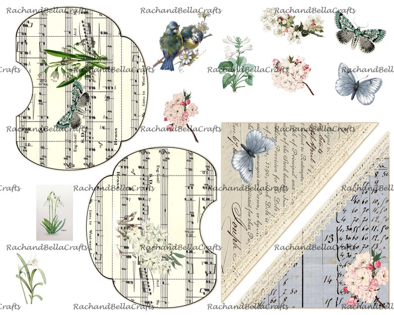 May include: A collage of vintage-style ephemera featuring butterflies, birds, flowers, and musical notes. Includes two decorative envelopes, a bookmark, and various botanical illustrations in soft pastel colors.