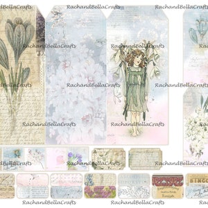 May include: A collection of paper tags and labels with a vintage aesthetic. Designs include floral illustrations, a fairy, and handwritten script. The color palette is soft, featuring pastel hues of blue, pink, and cream, with the text "RachandBellaCrafts".