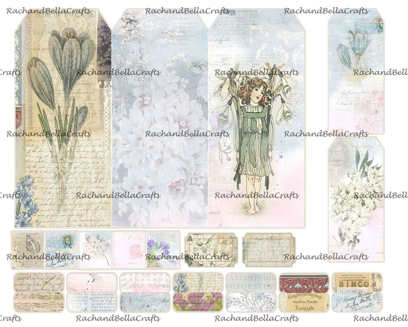 May include: A collection of paper tags and labels with a vintage aesthetic. Designs include floral illustrations, a fairy, and handwritten script. The color palette is soft, featuring pastel hues of blue, pink, and cream, with the text "RachandBellaCrafts".