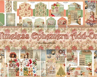 May include: A digital paper pack with a Christmas theme featuring images of ornaments, a house, a Christmas tree, a deer, a snowman, a girl in a red dress, and a girl in a blue dress. The paper pack includes the text "Timeless Ephemera Add-On" and "RachandBella".