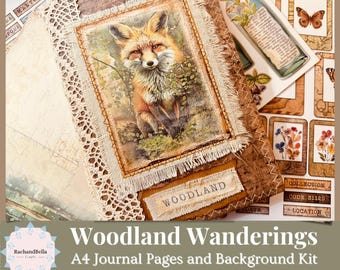 May include: A digital download kit for crafting journals, featuring a woodland theme with a fox illustration, lace trim, and the text "Woodland Wanderings". The kit includes A4 journal pages and background images.