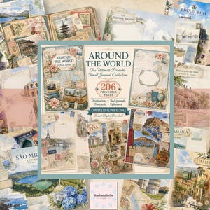 May include: A digital collection of 206 printable travel journal pages titled Around the World. The set features vintage-style illustrations of global landmarks, maps, postcards, and ephemera in muted watercolor tones, including scenes from Paris, Pisa, and Jodhpur.