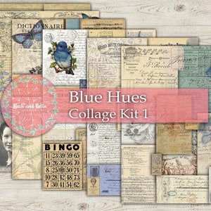 Blue Hues Collage Papers Junk Journal Kit  - Junk Journaling Digital, Journal Page Kit , Pintables, Collage Pages