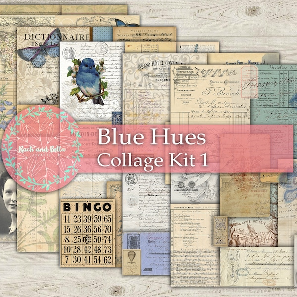 Blue Hues Collage Papers Junk Journal Kit  - Junk Journaling Digital, Journal Page Kit , Pintables, Collage Pages