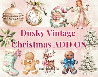 May include: A digital collage of vintage Christmas illustrations, including a Santa Claus, a girl in a pink dress, a gingerbread man, a reindeer, a Christmas tree, and a stocking. The text "Dusky Vintage Christmas ADD ON" is displayed in the center of the image.