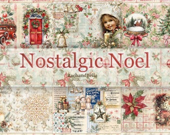 May include: A vintage-style Christmas paper pad with a collage of images including a red door, a snow globe, a Christmas tree, and a girl with a candle. The paper pad is titled "Nostalgic Noel" by RachandBella.