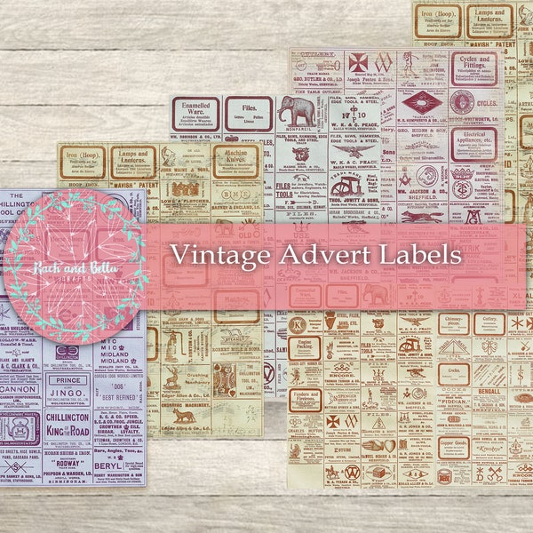 Vintage Advert Labels 11 PAGES - Ephemera for Journals and Scrapbooks  - Junk Journaling Digital , Pintables,