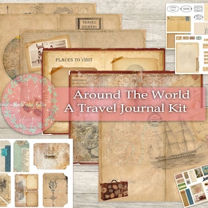 Travelling Journal Kit - Around The World - Junk Journaling Digital, Journal Page Kit, Printables, Steampunk