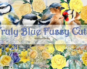 TRULY BLUE Fussy Cuts 8 Pages of Stunning Paper Designs -Digital Kit Junk Journal Pages, Scrapbooking