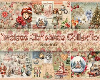 May include: A digital collage sheet featuring a vintage Christmas theme with images of snow globes, ornaments, a train, a Christmas tree, and a Santa Claus. The text "Timeless Christmas Collection" and "RachandBella" are included in the image.