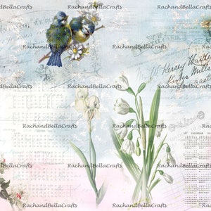 May include: A digital collage featuring blue and yellow birds perched on a branch with white flowers. The background has a light blue and pink watercolor wash with vintage script, floral elements, and calendar details. The text "RachandBellaCrafts" is repeated.