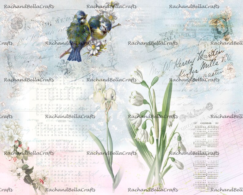 May include: A digital collage featuring blue and yellow birds perched on a branch with white flowers. The background has a light blue and pink watercolor wash with vintage script, floral elements, and calendar details. The text "RachandBellaCrafts" is repeated.