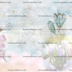May include: A digital collage featuring watercolor illustrations of spring flowers, including pink blossoms and white crocuses, set against a backdrop of vintage paper textures and script. The design incorporates a soft color palette with a touch of sparkle.