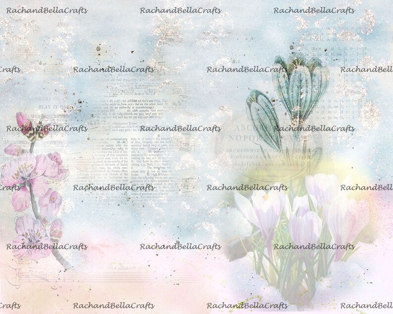 May include: A digital collage featuring watercolor illustrations of spring flowers, including pink blossoms and white crocuses, set against a backdrop of vintage paper textures and script. The design incorporates a soft color palette with a touch of sparkle.