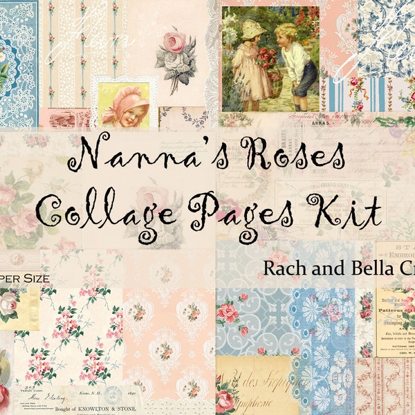 US LETTER Size BEAUTIFUL Nanna's Roses Collage Journal Pages Kit - Scrapbooking, Junk Journal Digital Kit