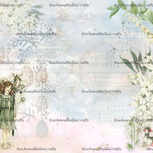 May include: A digital collage featuring a vintage illustration of a girl in a green dress surrounded by white flowers. The background has a soft blue and pink watercolor wash with script and floral elements. The text "RachandBellaCrafts" is repeated throughout.