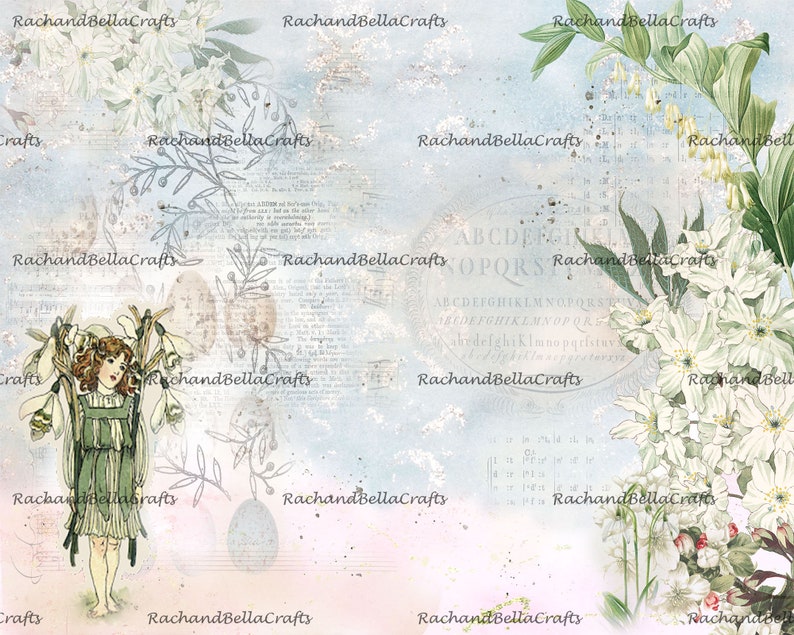 May include: A digital collage featuring a vintage illustration of a girl in a green dress surrounded by white flowers. The background has a soft blue and pink watercolor wash with script and floral elements. The text "RachandBellaCrafts" is repeated throughout.