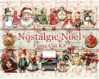 May include: A digital scrapbooking kit with a nostalgic Christmas theme. The kit includes images of Santa Claus, children, ornaments, a typewriter, a camera, and other festive elements. The title of the kit is "Nostalgic Noel Fussy Cut Kit" by RachandBella.