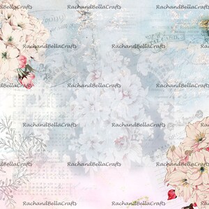 May include: A digital paper design with a light blue and pink background, featuring floral illustrations and vintage script. The design includes white and pink flowers, with the text "RachandBellaCrafts" repeated throughout the image.