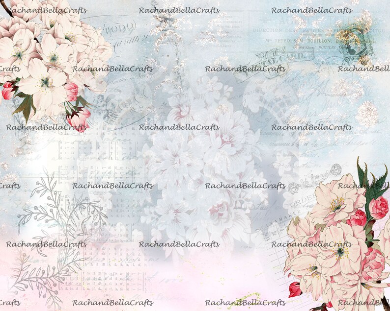 May include: A digital paper design with a light blue and pink background, featuring floral illustrations and vintage script. The design includes white and pink flowers, with the text "RachandBellaCrafts" repeated throughout the image.