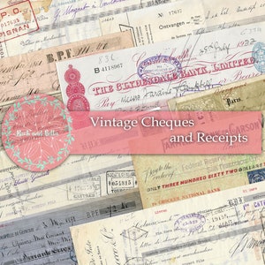 Vintage BankChecks und Quittungen Ephemera Junk Journal Kit - Junk Journaling Digital, Printables, Französische Ephemera