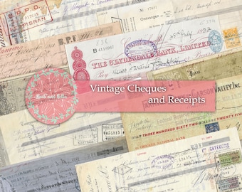Könnte beinhalten: Eine Collage aus alten Schecks und Quittungen in verschiedenen Größen und Farben, mit Stempeln und handschriftlichem Text. Ein rosa Banner mit dem Text "Vintage Cheques and Receipts" überlagert die Dokumente. Ein kreisförmiges Logo mit dem Text "Rach and Bella" ist ebenfalls vorhanden.