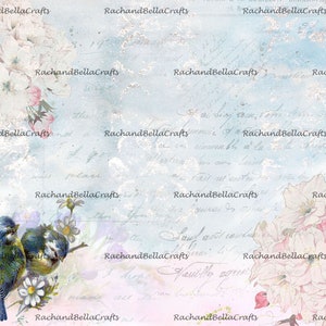 May include: A digital art print featuring a soft blue and pink background with floral and bird illustrations. The image includes white and pink blossoms, two blue birds, and handwritten script. The text "RachandBellaCrafts" is repeated throughout the design.