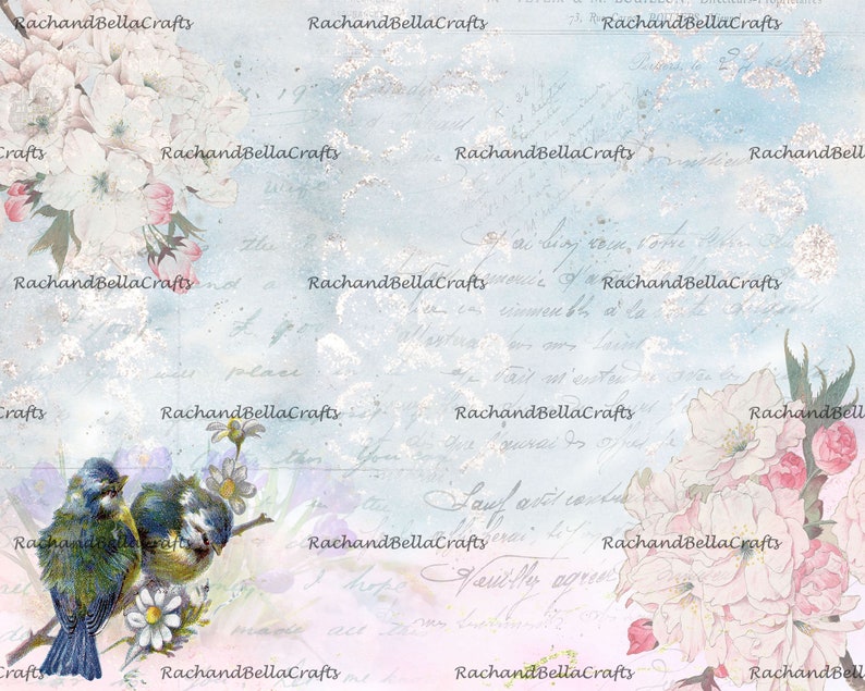 May include: A digital art print featuring a soft blue and pink background with floral and bird illustrations. The image includes white and pink blossoms, two blue birds, and handwritten script. The text "RachandBellaCrafts" is repeated throughout the design.