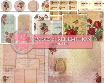 May include: A digital scrapbooking kit with a vintage aesthetic featuring red roses, floral patterns, and text that says "Roses of Redemption Journal Kit".