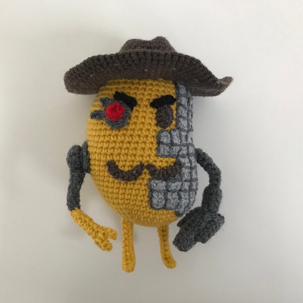 Mr Potato crochet pattern.  Easy to follow. Resembles a character in the video game ROBLOX Piggy. It is a PATTERN ONLY, not an actual toy