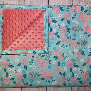 Coral and Turquoise Flowers Baby Blanket or Lovey - Customizable