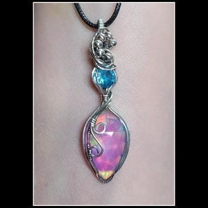 Aurora opal and blue cubic zirconia pendant in solid sterling silver