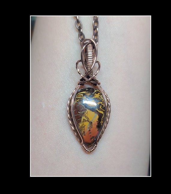 Boulder Opal Sterling Silver Wire Wrap Pendant: Handmade  Artisan Boulder Opal and Copper Pendant Necklace with Sterling Silver, Handmade, main image 1