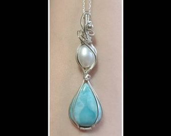 Larimar and fresh water pearl sterling silver pendant