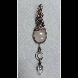 Rose quartz crescent moon Herkimer diamond quartz pendant.