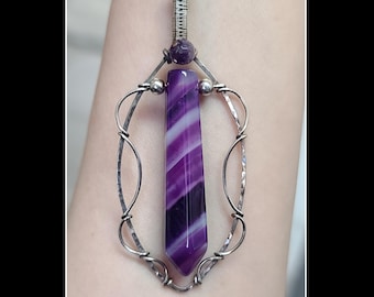 Purple Brazilian agate dangle pendant in solid sterling silver with amethyst accent bead.