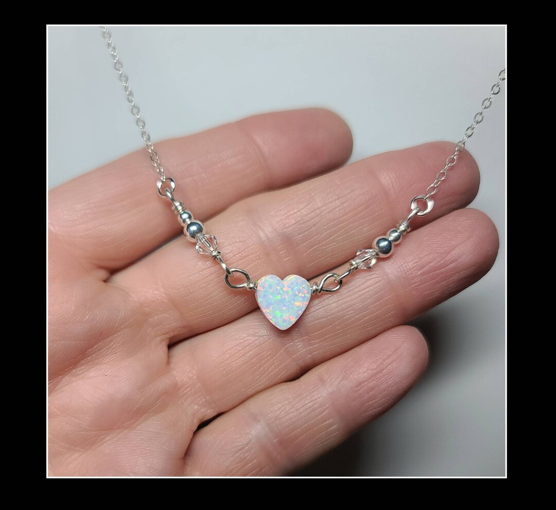 Synthetic Opal Heart Necklace With Swarovski Crystals. - Etsy