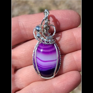 Purple banded agate pendant in solid sterling silver
