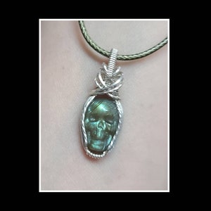 Mini labradorite skull pendant in solid sterling silver