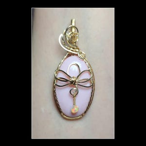 Peruvian pink opal pendant in 14k gold filled wire with Ethiopian opal accent bead